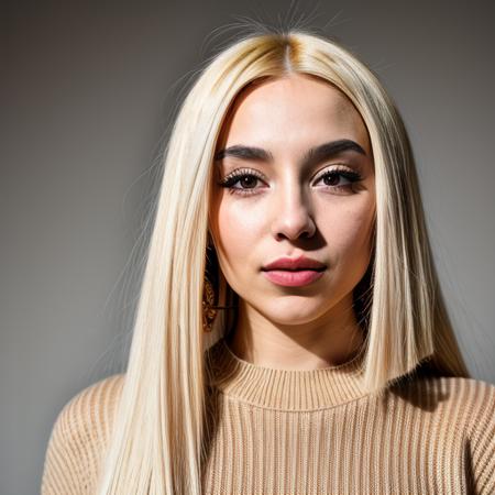 a Realistic portrait of a ava max woman with brown eyes and blonde hair, looking at the viewer, detailed face, detailed eyes, smiling, perfect slim body, modelshoot style, wearing a sweater, wearing gold earrings and jewelry, soft lighting, professional Photography, Photorealistic, detailed, standing in a dark Studio Room background, blurred background, RAW, analog, sharp focus, 8k, HD, DSLR, high quality, Fujifilm XT3, film grain, award winning, masterpiece  <lora:ava max v1.4:1>