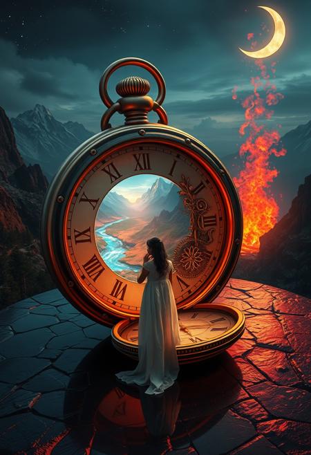 Imagine a surreal, top-down scene with a close-up of an enormous ancient pocket watch standing upright, its cover open to reveal a magical portal within. The watch's interior is a marvel of intricate mechanisms: gleaming gears, finely crafted cogs, and ornate clock hands, all frozen in time. These elements, adorned with glowing runes and delicate vines, pulse softly as if alive with magic. The portal at the heart of the clock offers a breathtaking view: towering mountains, a cascading volcano, and a steaming river winding through burned forests. The clock rests on an obsidian floor, its reflective surface mirroring the vibrant glow of the runes and the distant portal light. A crescent moon and twinkling stars cast a dreamlike glow over the scene, enhancing its otherworldly atmosphere. Deep reds and blues dominate the color palette, with reflective volumetric lighting and raytracing adding depth and realism. In the distance, a lone figure, a young woman with porcelain skin and raven-black hair, dressed in a flowing white robe, stands at the portal's threshold. Her bright, sapphire-like eyes shine with curiosity as she gazes upon the fantastical realm. The scene is dark and low-key, evoking a sense of adventure and wonder, as if the viewer is drawn into the hidden, magical world within the clock’s ancient mechanisms.
