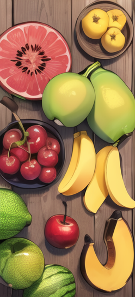 A banana, a pear, an apple, a watermelon, a cherry, a sweet potato,<lora:FoodAssets-15:1>,luxurious wooden table background