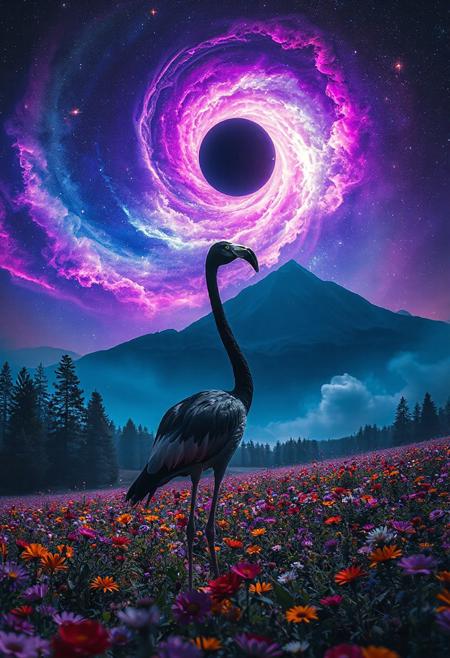 A mystical scene of a black flamingo standing in a vibrant field of colorful wildflowers at night, gazing up at a breathtaking, glowing cosmic sky. The sky is filled with swirling nebula clouds in vivid shades of purple, blue, and pink, surrounding a dark planet or moon. Bright stars are scattered across the sky, creating a magical, dreamlike atmosphere. In the distance, dark pine forests and a tall mountain are visible under the surreal light. Highly detailed, cinematic, fantasy art style, vivid colors, ultra-realistic, ethereal, majestic.