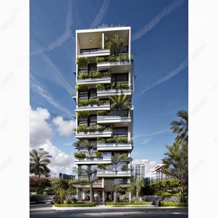 best quality, realistic, photorealistic,ultra detailed,8K,High quality texture,intricate details,detailed texture,finely detailed,photo of building partial_view,flower pond, ((tree)), no humans, sky, scenery, outdoors, cloud, blue sky, day, palm tree, ((plant)), <lora:plants on facad_v1.1-000016:1>
