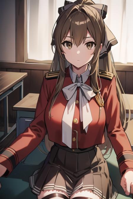 isuzusento, <lora:isuzusentotest:1>, 
isuzu sento, ahoge, (brown eyes:1.7), light brown hair, long hair, ponytail, hair ribbon, ribbon, (medium breast:1.2),
BREAK aiguillette, ankle boots, black ribbon, black skirt, boots, brown footwear, cross-laced footwear, frilled skirt, frills, jacket, lace-up boots, military, military uniform, pleated skirt, (red jacket:1.5), skirt, thighhighs, uniform, white thighhighs, white ribbon, buttons, sleeveless,
BREAK looking at viewer,
BREAK indoors, classroom,
BREAK <lora:GoodHands-vanilla:1>, (masterpiece:1.2), best quality, high resolution, unity 8k wallpaper, (illustration:0.8), (beautiful detailed eyes:1.6), extremely detailed face, perfect lighting, extremely detailed CG, (perfect hands, perfect anatomy),