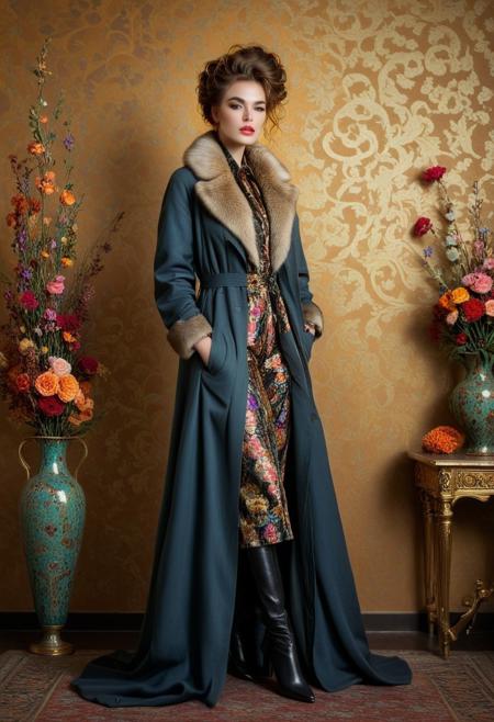Full-body shot, fashion photography of V Jugan. Artistic portrait of a young woman in a long coat with a fur collar and boots, in the style of Gustav Klimt. The woman has full lips, a wavy updo hairstyle, and the fabric features colorful floral patterns. The background has a vintage-style with vases and flowers, soft lighting, an elegant pose, warm tones, rich textures, and high resolution.