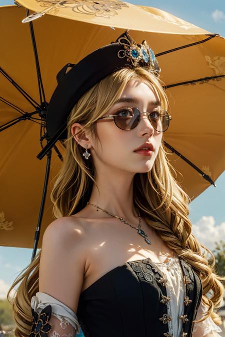 <lora:Navia v1:0.7>,navia (genshin impact),drill hair,(blonde hair:1.4),long hair,hat,sunglasses,solo,flower,holding an umbrella,, Best Quality,Masterpiece,Edge quality,gorgeous and intricate detail,Perspective Silhouette,((8k, Best Quality, Masterpiece, Extremely Detailed, Rule of Thirds)),((crazy imagery)),photorealistic,masterpiece,superb,HDR,high resolution,sharp focus,photorealistic rendering,extremely detailed description,professional,intricate details,