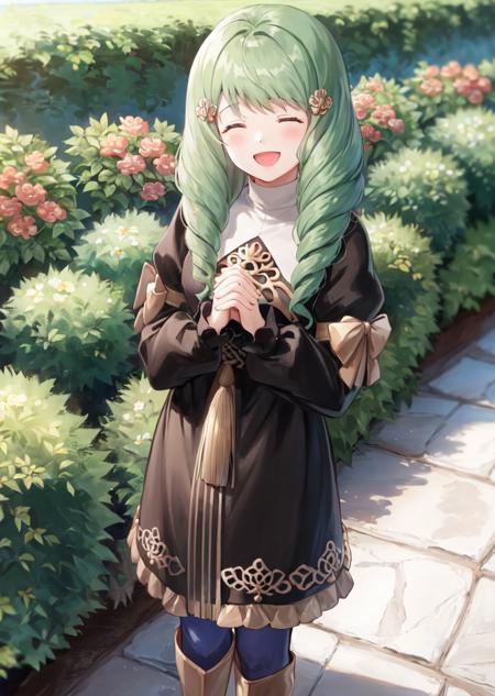 masterpiece, best quality, flayn, hair ornaments, black dress, blue pantyhose, knee boots, standing, own hands together, closed eyes, smiling, open mouth, garden <lora:flayn-nvwls-v1-000012:0.9>