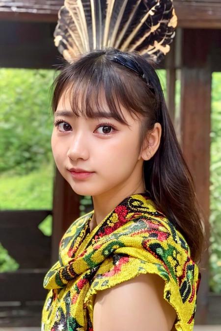 (((<lora:japaneseDollLikeness_v15:0.8>))), dayak,(RAW photo, best quality), (realistic, photo-realistic:1.3), masterpiece, an extremely delicate and beautiful, extremely detailed, CG, unity , 2k wallpaper, Amazing, finely detail, light smile, extremely detailed CG unity 8k wallpaper, huge filesize, ultra-detailed, highres, absurdres, soft light, (beautiful detailed sky, outdoor, jungle, wooden house) ((extremely detailed face, beautiful detailed girl, detailed fingers, extremely detailed eyes and face, beautiful detailed nose,)) light on face, solo, 1girl,(pureerosface_v1:0.6), black eyes, black hair, bangs,  closed_mouth, lips, long_hair, looking_at_viewer, (upper body),  realistic, (wearing_dayak_outfit:1.4), smile,  ((detailed pupils)),