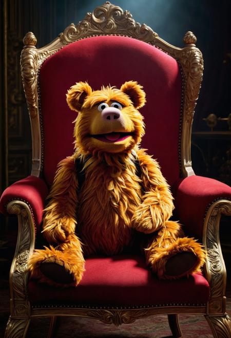 Muppet fozzy bear sitting on a chair holding his head contemplating his life choices, Epic cinematic brilliant stunning intricate meticulously detailed dramatic atmospheric maximalist digital matte painting