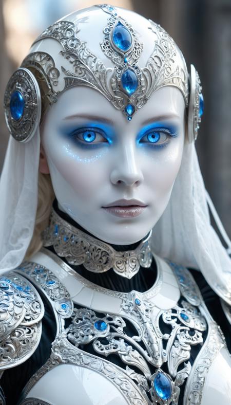 <lora:xl_more_art-full_v1:0.4>, A humanoid (android:1.5), covered in white porcelain skin, glowing blue eyes, biomechanic, white wispy ghost wearing ornate armour 4k realistic fantasy, insane details, ghost phantom effect, hyper detailed, photoreal, photography, cinematic lighting, hdr, cinematography, realism, fine art digital, HD, Mark Molnar mystical, redshift rendering, 8k