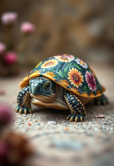In a hyper-realistic image, an adorable little turtle is depicted with a shell that's been transformed into a stunning work of art. The shell is painted with an elaborate and beautiful design, featuring a vibrant array of colorful flowers, including roses, daisies, and sunflowers. The flowers are rendered in exquisite detail, with delicate petals and intricate textures that seem to leap off the shell. The colors are bright and bold, with subtle shading and gradations that give the painting a sense of depth and dimensionality. The turtle itself is equally well-rendered, with a sweet, gentle expression and a soft, scaly texture that invites the viewer to touch. The surrounding environment is a serene and peaceful setting, with soft, muted colors and a sense of calm tranquility. The overall effect is one of breathtaking beauty and wonder, as if the turtle's shell has been transformed into a miniature masterpiece of art. Highest-Quality, 4k, intricate details, visually stunning, Masterpiece