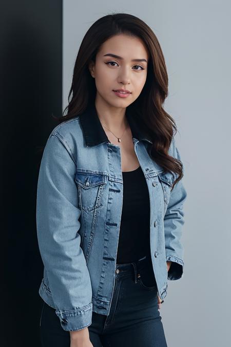 masterpiece, best quality, young Poki_Mane woman, wearing blue denim jacket, black shirt, jeans, portrait,looking at viewer, simple background    <lora:PokiMane:0.9>  <lora:add_detail:0.4>