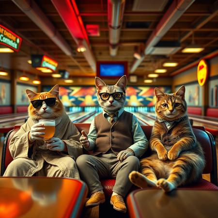A highly detailed and humorous photo of three anthropomorphic cats recreating the iconic bowling alley scene from *The Big Lebowski*. The characters are sitting in the bowling alley lounge, each with distinct personalities: one cat as The Dude, wearing a robe and sunglasses with a relaxed expression, holding a White Russian; another as Walter Sobchak, wearing aviator glasses and a vest, with an intense look, gesturing as if mid-rant; and the third as Donny, looking clueless and attentive. The retro bowling alley features neon lighting, classic wooden lanes, and vintage seating. The perspective is cinematic, capturing the quirky yet laid-back atmosphere of the film. High-definition, vivid colors, and a film-inspired composition.
