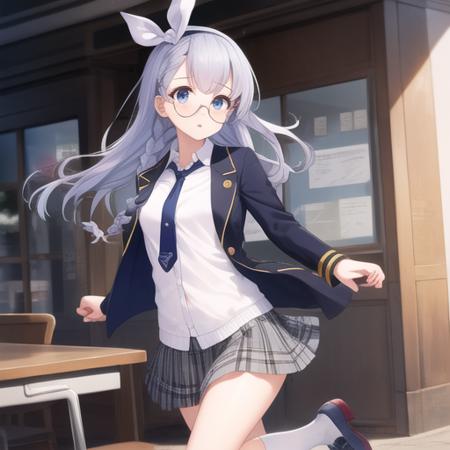 (masterpiece, best quality:1.2),illustration,8k,hd,1girl,solo,edinburgh (azur lane),cowboy shot,argyle,argyle legwear,bangs,blue footwear,blue hairband,blue jacket,blue neckwear,bow,braid,collared shirt,eyebrows,eyebrows visible through hair,glasses,grey eyes,grey skirt,hair bow,hairband,jacket,kneehighs,long hair,mary janes,necktie,open clothes,open jacket,plaid,plaid skirt,round eyewear,school uniform,shirt,shoes,silver-framed eyewear,silver hair,skirt,twin braids,white bow,white legwear,white shirt,<lora:Edinburgh(azur)>,