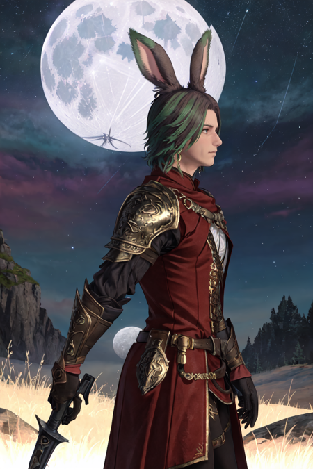 Khitli Viera, 1boy, male focus, solo, short hair, gloves, animal ears, jewelry, weapon, earrings, outdoors, green hair, sky, rabbit ears, armor, from side, night, moon, shoulder armor, star (sky), night sky, starry sky, viera <lora:Khitli_Viera:0.5>