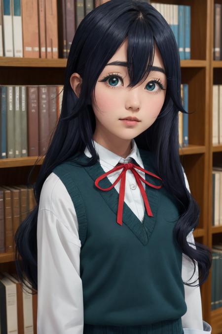 yoshimoto shizuka, 1girl, solo, long hair, closeup, looking at viewer, blush, blue eyes, skirt, shirt, black hair, hair between eyes, long sleeves, ribbon, sweater vest, very long hair, school uniform, standing, upper body, white shirt, red ribbon, neck ribbon, armband, ((petite)), (library), (standing), high quality, ultra high res, (best quality:0.8), 8k, uhd, dslr, soft lighting, high quality, <lora:YoshimotoShizuka-000004:0.8>