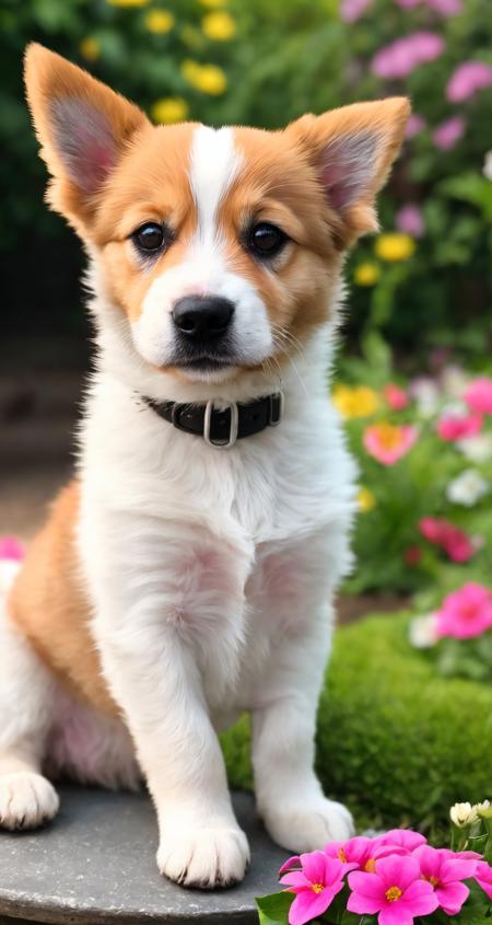 photo of cute dog closeup, centered, RAW, masterpiece, realistic, hyper realistic, sitting, puppy,
muted color, film grain, looking at viewer, soft colors, fascinating, blurry background, garden, high contrast, dark background, flowers, closeup,