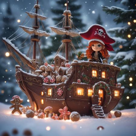 photo, selective focus, miniature effect, bokeh, highly detailed, vibrant, perspective control, natural tilt shot, Christmas pirate ship made of ginger bread, g macro photography, (enchanting:1.3), (luminous:1.2), (oversized flora:1.1), mystical, magical, vibrant photography, shimmering light, dreamy, whimsical, serene, soft-focus, hyper-detailed digital art, made of flowers, 2 mushrooms with red hat and a pirate ship, cpt blackbird and lindsey stirling on the reeling, smile, snow, winter, heavy snowfall, snowdrift, snowstorm, conifers, ginger bread, tree balls, sea spray