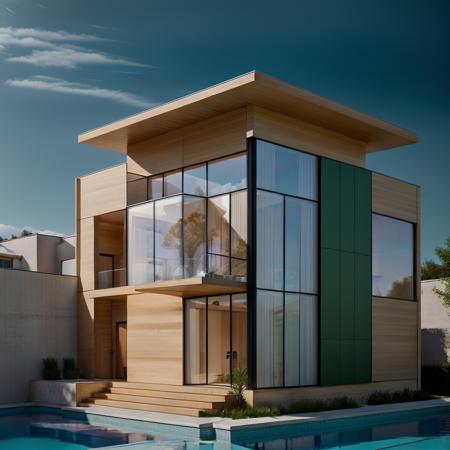 Aperture: f/8 - f/16,focal length: 35mm, low distortion, perpestive, modern architecture, ultra realistic, raw photo, sharp focus, tree background, sunlight, glasses window, wooden balcony, masterpiece, swimming pool, concrete wall, green landscape, glasses handrail, glasses aluminium big window, 8k,  <lora:exterior.arch:0.6> <lora:realisticVisionV20_v20:0.7> <lora:epi_noiseoffset2:1>, bush arounded yard., masterpiece,ultra realistic,32k,extremely detailed CG unity 8k wallpaper, best quality