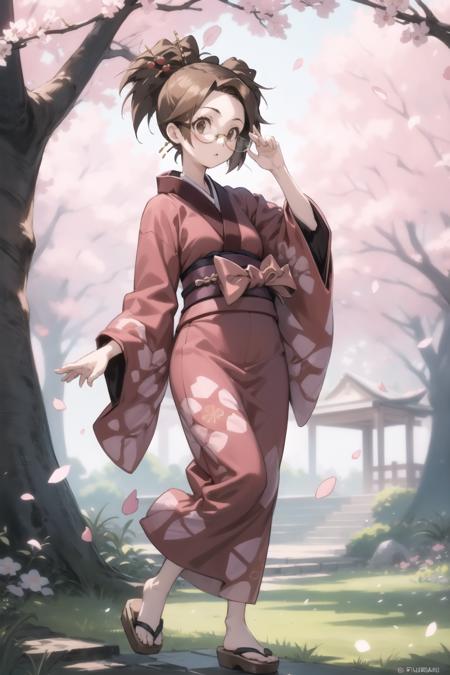 <lora:fuu-000025:1> fuu, kimono, hair ornament, hair stick, ponytail,
1girl, adjusting eyewear, bespectacled, clog sandals, glasses, petals, tree