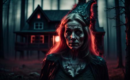 close portrait of a scary witch in front of a creepy house in the forest, moonlight, horror movie, intricate details, cinematic style