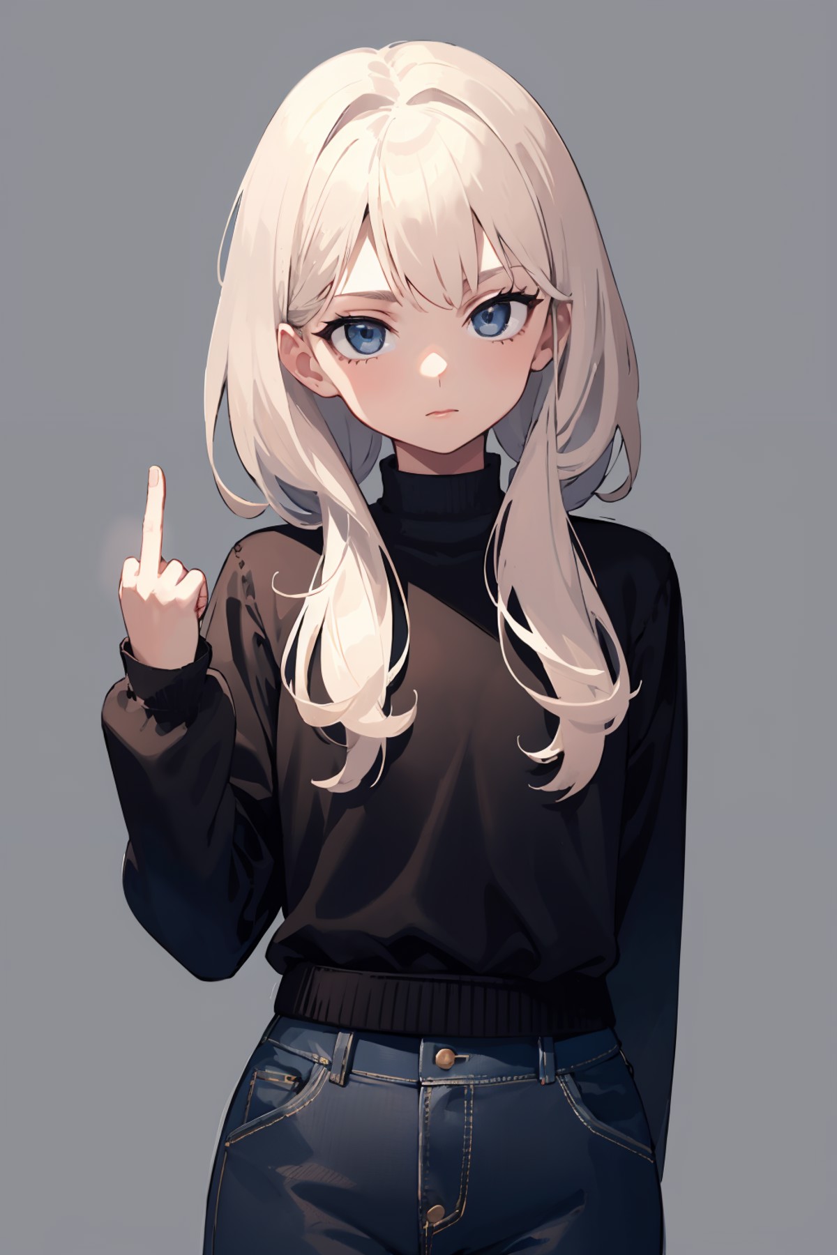 masterpiece,high quality,highres,1girl,solo,simple background,<lora:midfinger-left-v2-wasabiya:1>,middle finger,arm behind...