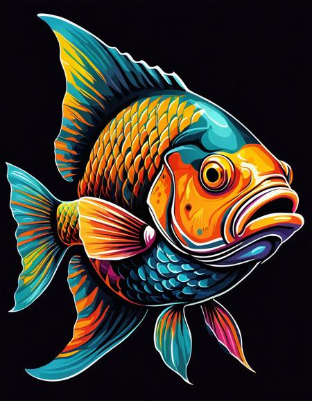 a painting of a fish on a black background, a digital painting, by Jason Benjamin, shutterstock, colorful vector illustration, mixed media style illustration, epic full color illustration, mascot illustration