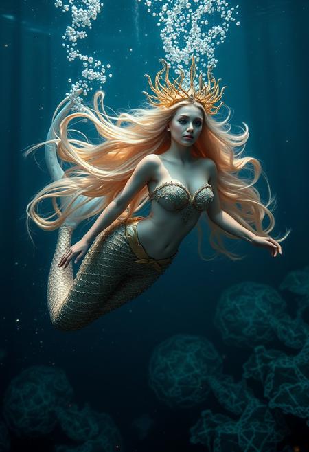 Mystical ethereal siren mermaid swimming deep in the ocean abyss surrounded by elements of gold silver and (iridescent) colors. Beneath her are small diamonds and pearls captivating masterpiece whimsical depth, photography, underwater, hyper realistic, ultra detailed