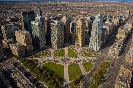 (best quality:1.2), CGI render, Hyperdetailed, vivid colors, modern era photograph, 8k Ultra HD, perfect composition, soft natural volumetric cinematic light, depth of field shot, (photorealism:1.1), hyperdetailed, scenery, city, buildings, idealized American city, busy city center, parks and greenery areas, parks, plazas, modern era photograph, skyscrapers, monumental architecture