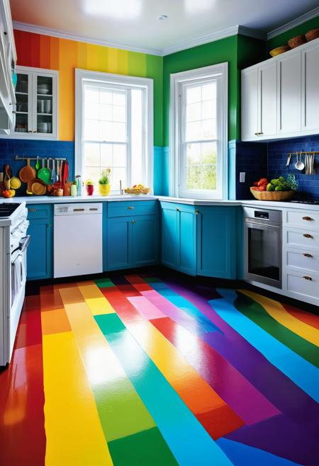 A rainbow kitchen floor, she's like she always dreamed she'd be, "come on let's paint the door", handprints on the ceiling where our dreams would reach, lyrical abstraction, photorealism, acrylic, high contrast, colorful polychromatic, ultra detailed, ultra quality, very detailed