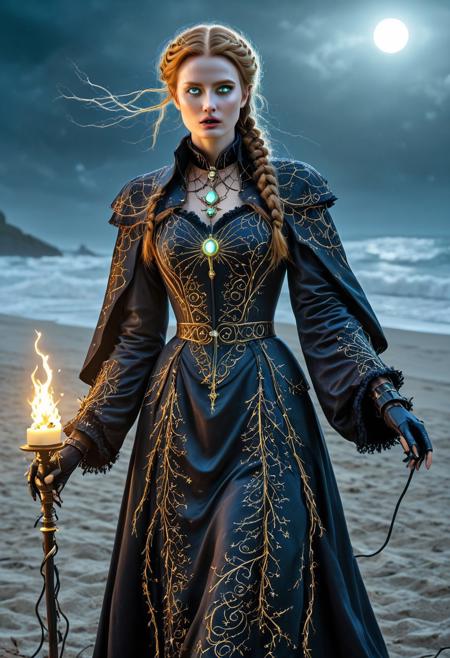 nbn-freyja, outdoors, dynamic position, 1woman, solo, long hair, black choker, eyeliner, gorgeous lips, covered breasts, cinematic, best quality, ultra-detailed, very aesthetic, (natural eyes:1.8), freckles, aloof, (masterpiece:1.1), small waist, fitness body, wide hips, 32 years old, golden blond hair, censored, (Victorian dress:1.9), high end closure, Evil Queen, cinemascope, moody, epic, gorgeous, film grain, natural hands, red elbow gloves, knee boots, dramatic, ritual magic, freyja, auburn hair, braided hair, magic, Viking queen, mythic beauty, feathered cloak, fur, armor, robe, braid, rune jewelry, photorealistic, cinematic, flowers, jewelry, photorealism, cinematic lighting, high fantasy, mythic portraiture, soft background, northern folklore aesthetic, (fully dressed:2), (RAW photo), 4K, best quality, realistic, photorealistic, masterpiece, extremely detailed, an extremely delicate and beautiful, dynamic, realistic anatomy, candle lighting, perfect shading, professional shading, depth of field,  perfect skin, gentle, highly detailed, breathtaking, clear skin,1girl, solo, braid, long hair, wide sleeves, hat, hair over shoulder, brown hair, single braid, sash, long sleeves, (iron:2.5),summer, beach, night, full moon.
