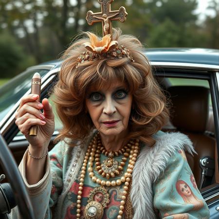 A Fringe Religious leader, She looks like an old (very, very elderly) decrepit movie star from the 1930's that should have faded into obscurity, Mu-Mu's, huge brown wigs, eyelashes you could cut frozen meat with, and a gallon of mascara every three hours. And the jewelry! She is driven around in a immense private car from the 70's with a massive fiberglass crucifix on the top, and scenes from her made up 'religion' on the side of the car. I'm not sure that she isn't a he...
