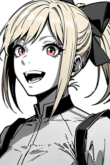 <lora:Lynn[V1]:0.7>, Lynn, 1girl, solo, monochrome, ponytail, (blonde hair), red eyes, smile, hair bow, white background, greyscale, portrait, open mouth,