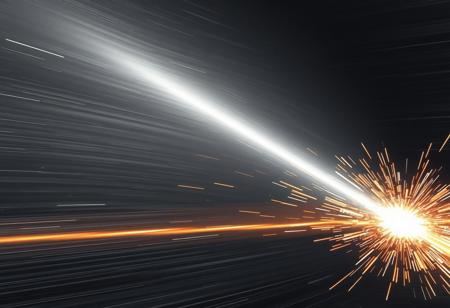 High speed grey beam  with shockwaves ricocheting off invisible silver forcefield. Chrome sparks from impact point