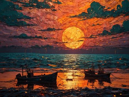 Mixed media magic. Artist James R. Eads. Sunset over the troubled sea. drifting fishing boats, flashes of lightning on the horizon, vibrant colors, warm colors, sunset influencing the sun, a fantastic vision, a detailed, complex and quality background. Old film grain, rust style, vantablack aura, golden ratio, rule of thirds, cinematic lighting Dark and magical realism. Complementary poisonous colors with deep zoom Memphis style, abstract bokeh background with deep zoom, abysues, abx