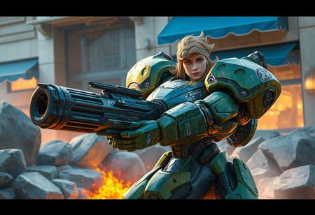 Valkyrie Sigrun robot, green & brown, large gun, fire-lit gray rocks, blue awning building backdrop, dynamic action pose, cinematic, octane render, Unreal Engine 5, splash ink illustration, Raphael style, trending on Artstation, CGSociety, 4k, hyperdetailed face, beautiful eyes, golden ratio, vivid, joyful impact.