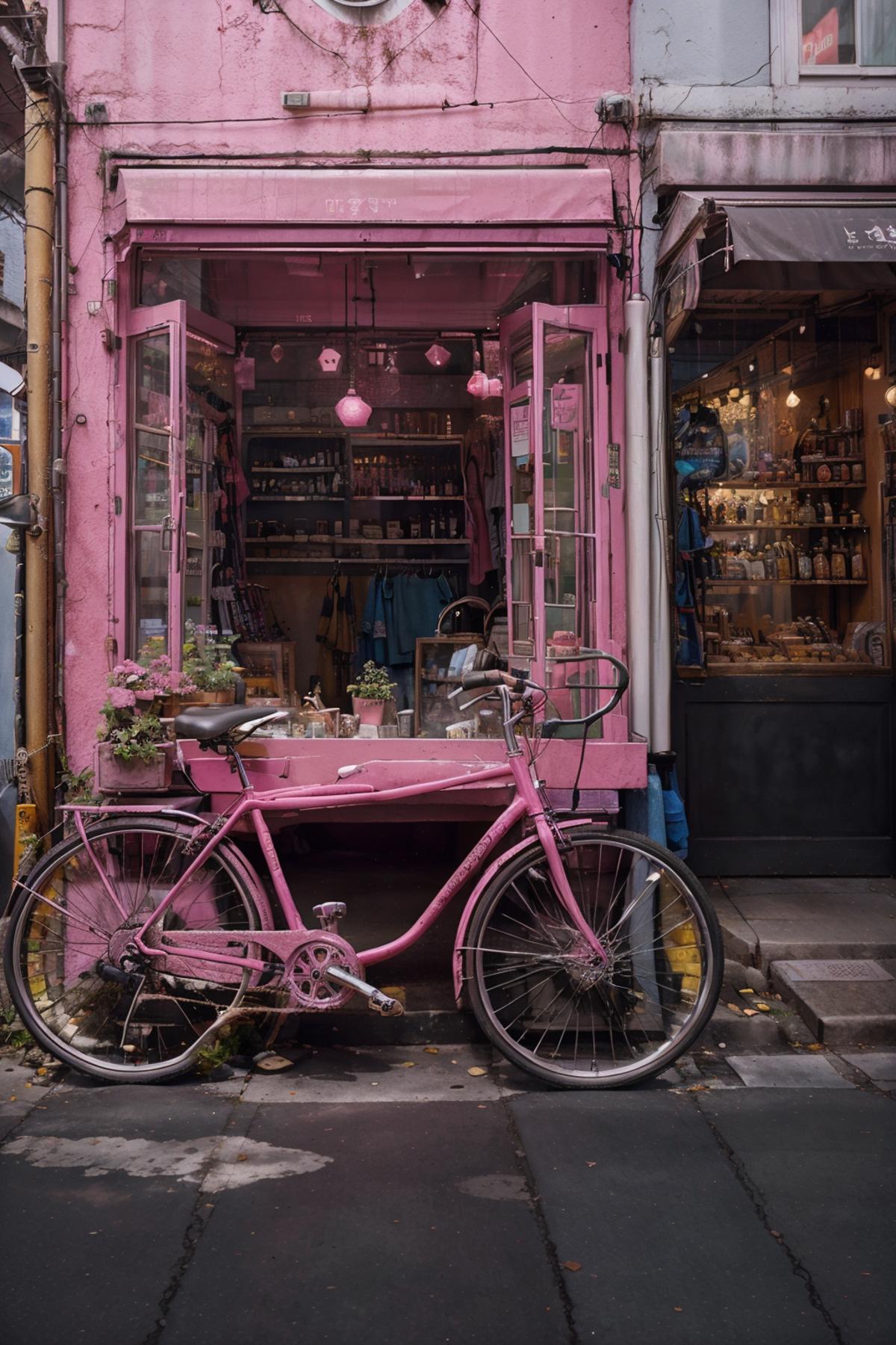The Pink Bicycle Outside a Shop with Pink Display Windows