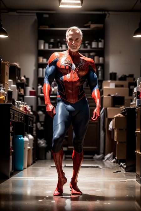 ((best quality)), ((masterpiece)), ((realistic)), JohanPherson  in spiderman cosplay inside a darklit laboratory,  adult,   smile, confident stance, cultural pride, (Oil panting:1.2) , vivid colors,  (portrait composition:1.3), (high-resolution:1.2) , solo portrait,
  HDR, ultrares, hyper detailed, two tone lighting, volumetric lighting,   <lora:spiderwoman_cosplay_outfit:0.3>  <lora:johan_pehrson_vng:1> full body pose