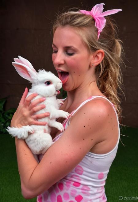 Create a realistic image of a cute little girl fairy. She is holding a furry pink and white spotted baby white rabbit as if she were holding a puppy. The baby dragon is licking her face like a puppy. Her eyes are closed and she is giggling hysterically.