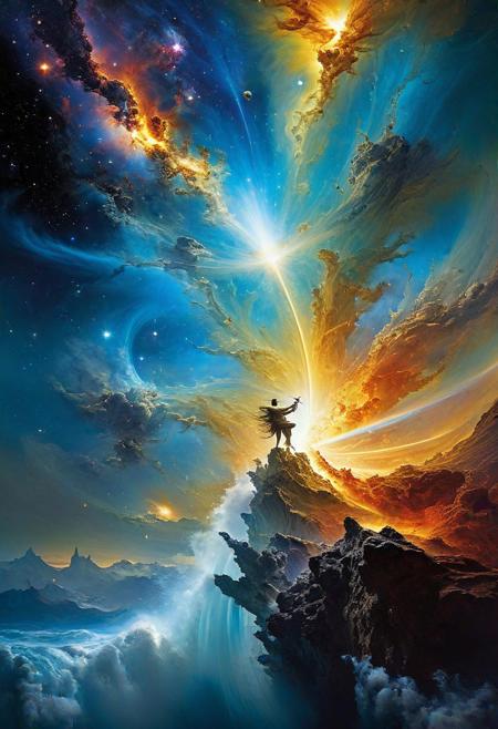 an intense ethereal birth of a god in the midst of the galaxy; the borders to the dimensions rips and flash of gorgeous plasma sprays into the galaxy, surreal masterpiece by (salvadore dali, Stephen Youll, Patrice Murciano)