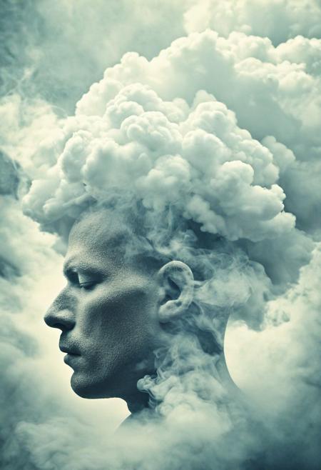 a head made of white dense smoke in clouds in background, surreal photo, abstract, imaginary, vignette, highly detailed, high budget, cinemascope, moody, epic, gorgeous, film grain, grainy, Surreal Harmony
