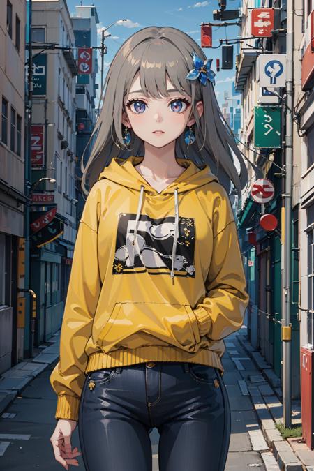 ultra high res,masterpiece,best quality,
1girl,vita,hair ornament,long gray hair,earrings,yellow hoodie,jeans,<lora:Vita:0.7>,cowboy shot,
outdoors,sunlight,