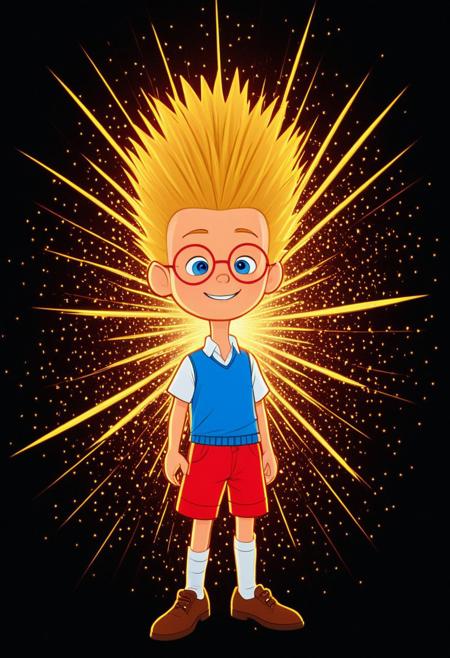 Character, Lewisrobinson, blonde spiky hair,red glasses, blue vest, red shorts, white shirt, cartoon style, brown shoes, white socks.  proud face, excited pose, in the style of golden future. gears are falling as meteor shower colored baroque geometric patterns float around the canvas in the style of colorful digital art. The image has a futurist aesthetic with a nice futuristic disorder and psychedelic color palette. Black background, neon lights, glitch art, surrealism, high contrast, vibrant colors, psychedelic patterns, ethereal glow. The overall mood should be one of happy tomorrow and hopefull beauty.It's like something in the style of science fiction.Lewisrobinson, cartoony, by Crazyoe