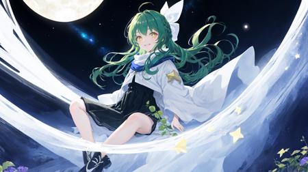 masterpiece, best quility, high_quality, high_resolution, masterpiece*portait, 1girl, stella, jupiter \(planet\), yellow eyes, [green|gray] + (blue:0.4) hair, long hair, plant,  galaxy, stars, full body, full moon, little smile, glowing eyes, glow, glitter, glowing white particles, night sky, space,