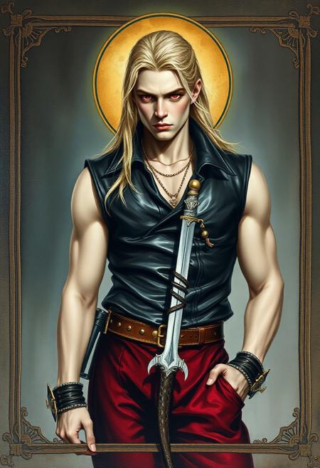 A 1300s icon style oil painting of a blonde haired male vampire 1500s fashion, muscular , pale skin with a light greenish glow m beautiful , wearing a leather vest and burgundy velour pants. Red eyes , leather belts with a rapier and golden jewelry , long hair   The image has a border that looks like copper plate engraving