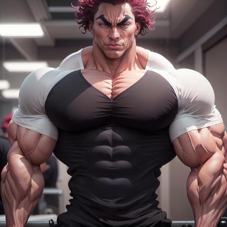 highres,High quality,(Beautiful), ((masterpiece)),vibrant colors, solo,1boy, abs, biceps, covered abs, large pectorals, male focus, manly, muscular, muscular male, pectorals, red hair, solo, spiked hair,shirt, <lora:YujiroV9:1>