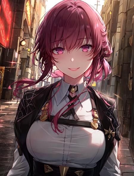 ((masterpiece)), kafka hsr, 1girl, solo, long_hair, breasts, looking_at_viewer, smile, bangs, large_breasts, shirt, gloves, long_sleeves, purple_eyes, jacket, white_shirt, ponytail, purple_hair, pantyhose, parted_lips, white_gloves, sunglasses, holding_gun, eyewear_on_head, smoke, rain

masterpiece, best quality, high quality, absurdres, shiny skin, colorful, dynamic pose, stunning art, best quality, hyper detailed, dynamic angle, beatlful detailed, reflective hair, good lighting, ray tracing, depth of field, ultra-detailed, illustration, Amazing, fine detail, extremely detailed, ((ultra-detailed)), (beautiful detailed girl), beautiful detailed glow, intricate detail, highres, an extremely delicate and beautiful, beautiful detailed eyes, realistic, hdr, rounded eyes, detailed facial features,

(illustration), (beautiful detailed eyes), ((very detailed face)), depth_of_field, eyebrows_visible_through_hair, frills, looking_at_viewer, outdoors, (upper body:1.4),

clothes reflecting light, (light diffraction on skin: 1.35), (glossy skin: 1.55), (Iridescence Effect: 1.55),

(alleyway, night, neon lights, dimly lit, sign:1.5),

critical angle, thick thighs,