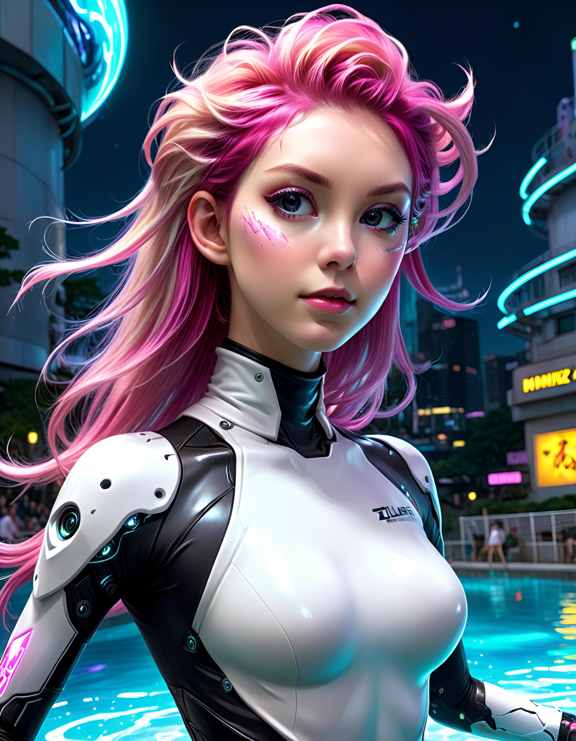 Pink-haired girl in futuristic armor posing in front of a blue pool.