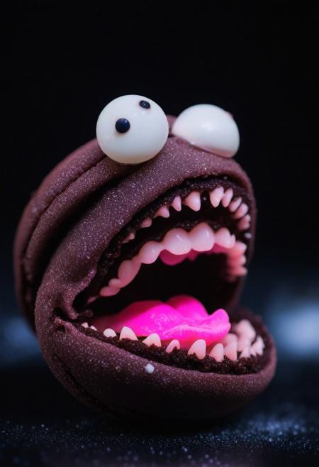 Macaron with googly eyes, excessive chocolate goo, sharp chocolate teeth, big pink tongue, rage extraterrestrial inside it, in space. Close up, blurry background.
zavy-flrscnc, fluorescent, fluorescent dust, fluorescent spraypaint, glowing dust