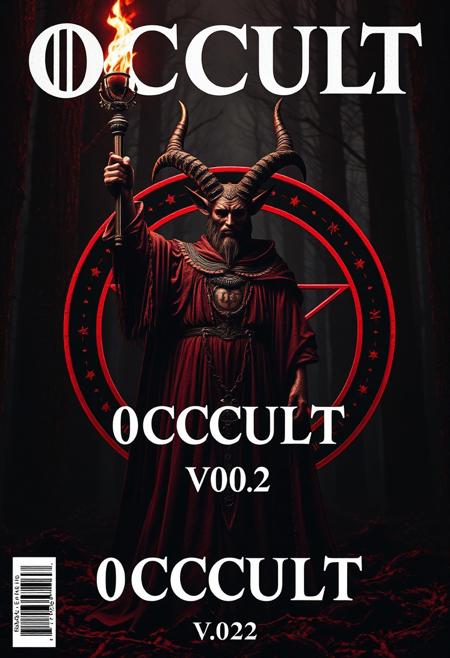 “Cinematic shot of an occult magazine cover. A powerful Baphomet figure holds a torch aloft, embodying the enigmatic patriarch of the Church of the Holy Sepulchre. The background reveals a pentagram encircled within a mystical ring, set against the dark, shadowy depths of a black forest. The title text, ‘0CCULT V002,’ is prominently displayed at the center of the composition. The entire image is bathed in an eerie palette of black and red tones, exuding a sense of mystery and otherworldly intrigue.”