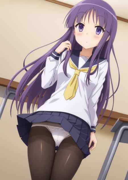 <lora:Hinata_Yukari-10:0.6>,Hinata_Yukari,(animation),Dawn_Anime,1girl, solo, long hair, school uniform, purple eyes,purple hair, pantyhose, pleated skirt, serafuku, white panties, black pantyhose , pantyhose pull,