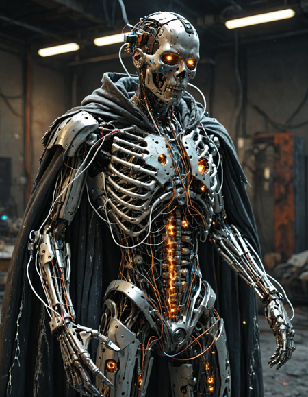 realistic, human like cyborg with wires coming out of hand, plasma, disfigured body, skeletal, metallic, torn clothes, dirty, rust, wearing cloak, cyberpunk, dark, high quality, precise, high resolution, 4k, 8k, <lora:TransistorsXL_LoRA:1>